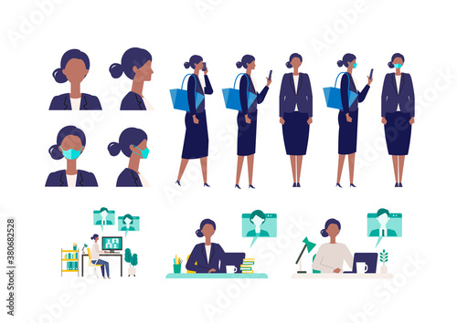 Set of masked businesswoman in different poses. Concept for teleworking.