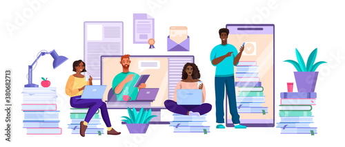 Online university or college education concept with diverse young students and tutor, screens. Virtual meeting or conference teamwork illustration. Online education or training courses vector banner