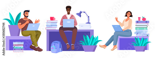 Vector education illustration with diverse sitting students with laptops studying in internet, books. Teamwork and virtual communication set with freelancers. Diverse young people online collection