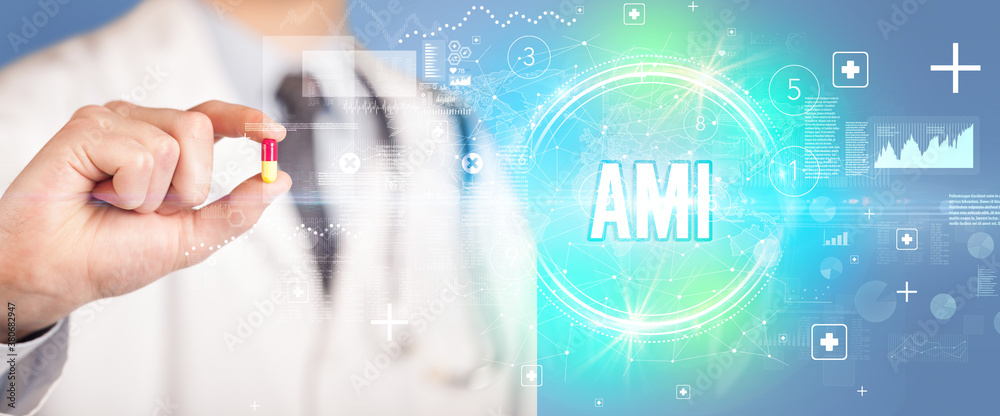 Close-up of a doctor giving you a pill with AMI abbreviation, virology concept Close-up of a doctor giving you a pill with AMI abbreviation, virology concept