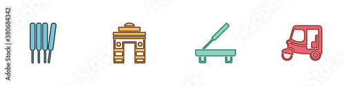Set Aroma sticks, incense, India Gate Delhi, Scented spa and Taxi tuk tuk icon. Vector.