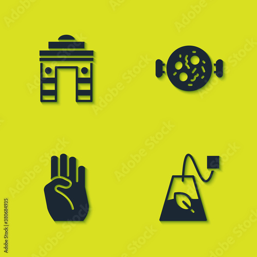 Set India Gate in Delhi, Tea bag, Indian symbol hand and Chicken tikka masala icon. Vector.