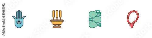 Set Hamsa hand, Incense sticks, Tandoori chicken and Rosary beads religion icon. Vector.