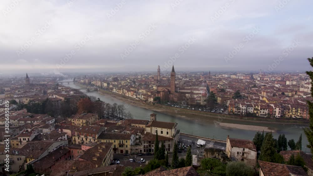 Verona, Italy - European City Landscape & Architecture and Adige River, Static Wide Panorama Verona, Italy - European City Landscape & Architecture and Adige River, Static Wide Panorama