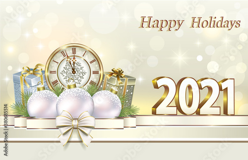 Happy Holidays 2021. New Year card with gift boxes on  luminous background with clock and Christmas decoration. Vector illustration