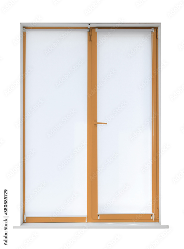 Modern plastic window with light brown frame on white background Modern plastic window with light brown frame on white background