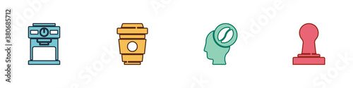 Set Coffee machine, cup to go, Barista and tamper icon. Vector.