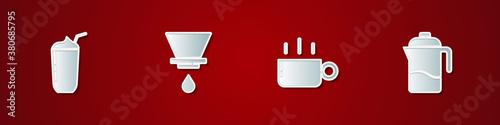 Set Milkshake, V60 coffee maker, Coffee cup and French press icon. Vector.