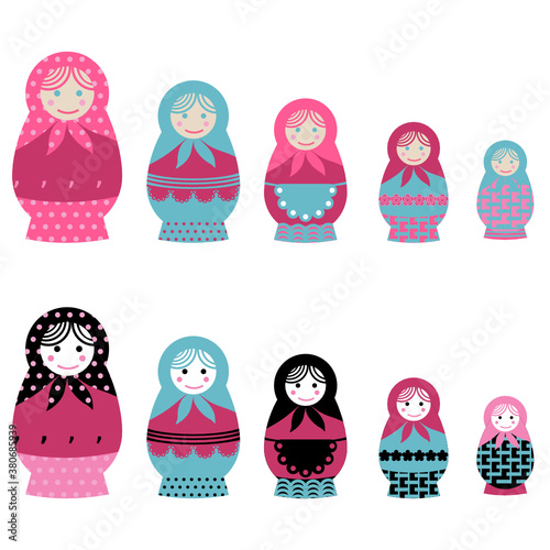 A set of adorable Matryoshka dolls, traditionally souvenir from Russia. They’re colorful and different details.