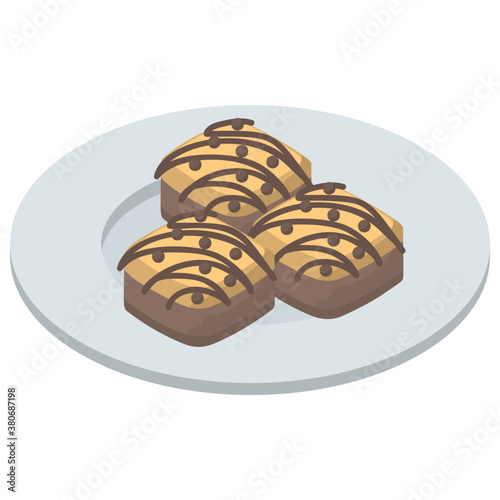 
Chocolate cookie, tea time snack, isometric icon.
