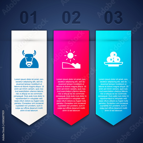 Set Bull, Beach and Olives on plate. Business infographic template. Vector.