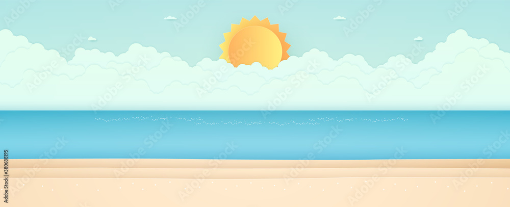 Fototapeta Summer Time, seascape, landscape, blue sea with beach, cloud and bright sun, paper art style
