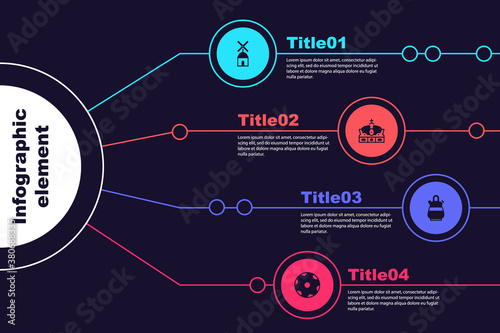 Set Windmill, Crown of spain, Sangria pitcher and Football ball. Business infographic template. Vector.