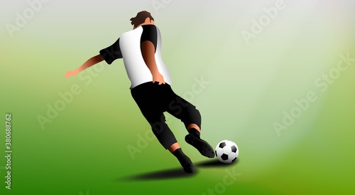 Vector soccer player kicking ball on green grass background © Ray Morel