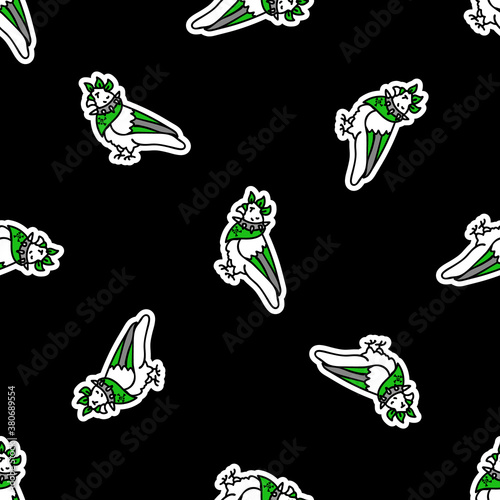 Cute punk rock pigeon on black background vector pattern. Grungy alternative checkered home decor with cartoon animal. Seamless rocker attitude all over print.  photo