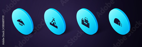 Set Isometric Igloo ice house, Chateau Frontenac hotel, Indian teepee or wigwam and Christmas sweater icon. Vector.