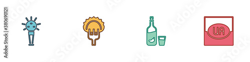 Set Mace, Dumplings on fork, Vodka with pepper and glass and Flag of Ukraine icon. Vector.