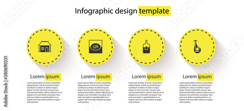 Set Ukrainian house, Flag of Ukraine, Bottle vodka and Bandura. Business infographic template. Vector.