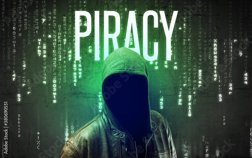 Faceless hacker with PIRACY inscription  hacking concept