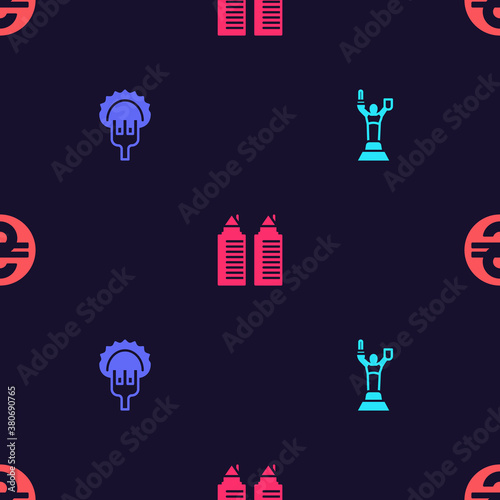 Set Mother Motherland monument, Dumplings fork, Two towers Dnipro and Ukrainian hryvnia on seamless pattern. Vector.