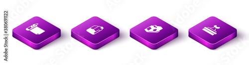 Set Isometric Roll of paper, Printer ink bottle, cartridge and Stamp icon. Vector.