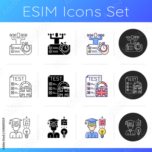 True false test icons set. Placement exam. Physical skills testing. Examination and education. Right answer. Linear, black and RGB color styles. Isolated vector illustrations