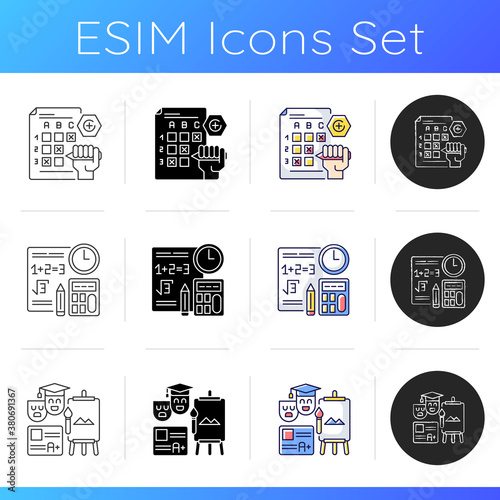 Questioning checklist icons set. Succesful examination. Academic degree. Education in university. Graduate level. Linear, black and RGB color styles. Isolated vector illustrations
