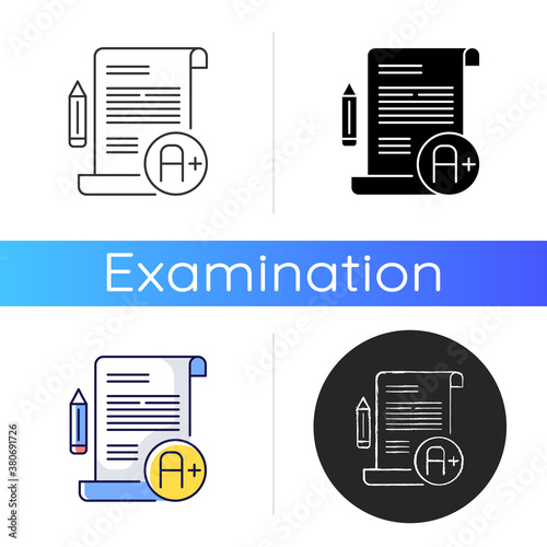 Essay examination icon. Succesful result. Comprehensive exam. Highest grade. Pencil and paper. Writing testing. Linear black and RGB color styles. Isolated vector illustrations