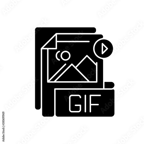 GIF file black glyph icon. Graphic interchange format. Filename extension. Animated raster graphics file. Lossless format. Gif picture. Silhouette symbol on white space. Vector isolated illustration