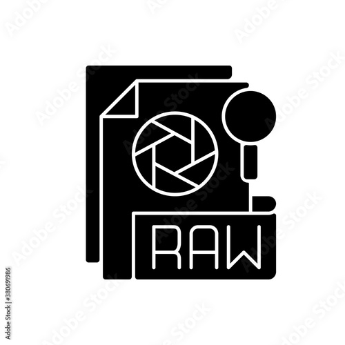RAW file black glyph icon. Camera raw image file. File extension. Uncompressed images. Digital cameras and scanners. Unedited state. Silhouette symbol on white space. Vector isolated illustration