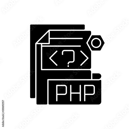 PHP file black glyph icon. Source code file. Hypertext Preprocessor code. Webpage files. String, integer, floating point number. Silhouette symbol on white space. Vector isolated illustration