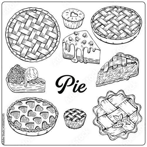 Pies, pie pieces and muffins. Dessert set are hand-draw vintage engraving illustration for poster, label and menu. Illustration set in graphic sketch style.