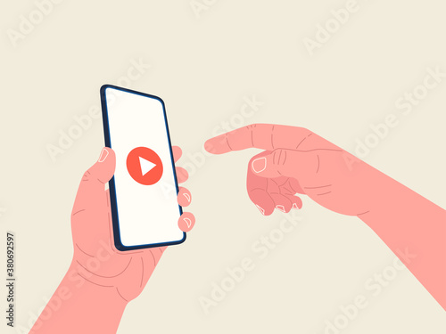 Hand holding smartphone and other hand reaches the screen to start the video. Video player on screen. Vector illustration.