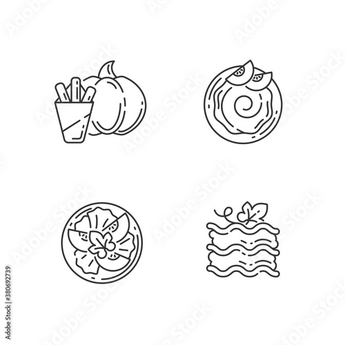 Gourd recipes linear icons set. Delicious pumpkin fries, vegetarian salad, lasagna and hummus customizable thin line contour symbols. Isolated vector outline illustrations. Editable stroke
