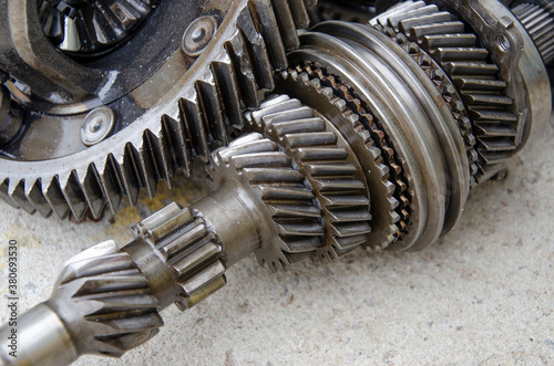 engine gears wheels, closeup view concept mechanical