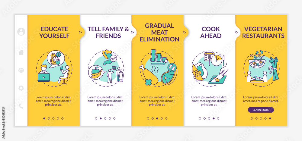 Becoming a vegetarian tips onboarding vector template. Healthy eating education. Cooking ahead. Responsive mobile website with icons. Webpage walkthrough step screens. RGB color concept