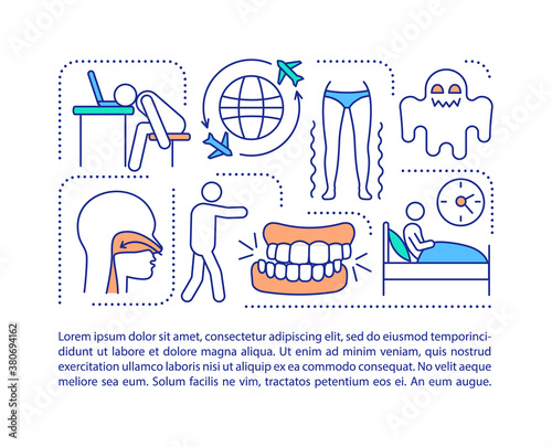 Sleep disorders concept icon with text. Parasomnia symptoms and treatment. PPT page vector template. Insomnia factors brochure, magazine, booklet design element with linear illustrations