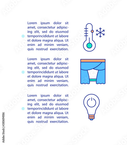 Sleep hygiene concept icon with text. Environment for good rest, temperature and light regulation. PPT page vector template. Brochure, magazine, booklet design element with linear illustrations