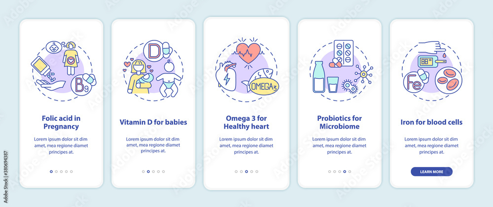 Essential supplements onboarding mobile app page screen with concepts. Folic acid in pregnancy, probiotics walkthrough 5 steps graphic instructions. UI vector template with RGB color illustrations