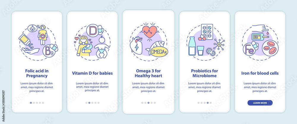 Essential supplements onboarding mobile app page screen with concepts. Folic acid in pregnancy, probiotics walkthrough 5 steps graphic instructions. UI vector template with RGB color illustrations Essential supplements onboarding mobile app page screen with concepts. Folic acid in pregnancy, probiotics walkthrough 5 steps graphic instructions. UI vector template with RGB color illustrations