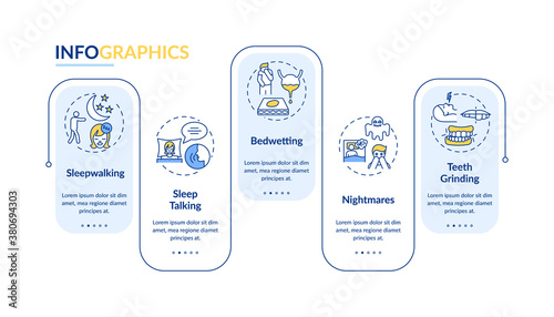 Sleep disorders vector infographic template. Healthcare treatment presentation design elements. Data visualization with 5 steps. Process timeline chart. Workflow layout with linear icons