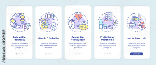 Essential supplements onboarding mobile app page screen with concepts. Folic acid in pregnancy, probiotics walkthrough 5 steps graphic instructions. UI vector template with RGB color illustrations