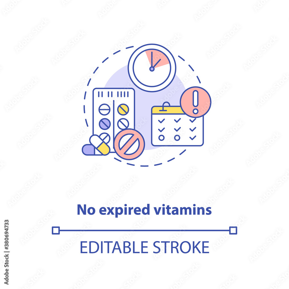 No expired vitamins concept icon. Adequate vitamins intake idea thin line illustration. Expiration dates. Dietary supplement ingredients. Vector isolated outline RGB color drawing. Editable stroke