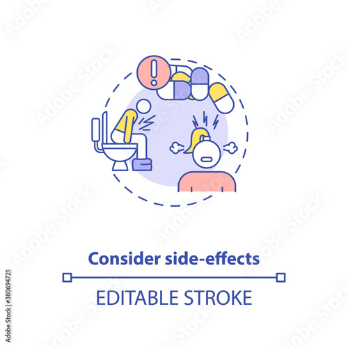Consider side-effects concept icon. Adequate vitamins intake idea thin line illustration. Vitamins and minerals overdosing. Vector isolated outline RGB color drawing. Editable stroke
