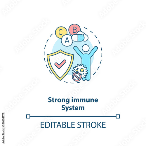 Strong immune system concept icon. Probiotics benefits idea thin line illustration. Healthcare. Harmful gut bacteria growth inhibition. Vector isolated outline RGB color drawing. Editable stroke