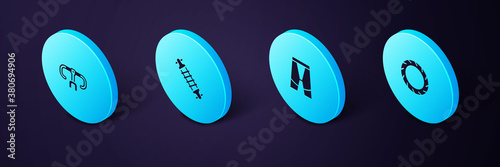 Set Isometric Bicycle wheel tire, Cycling shorts, suspension and handlebar icon. Vector.