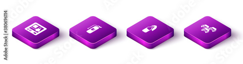 Set Isometric Television report, Fire extinguisher, Cocktail molotov and Traffic jam icon. Vector.