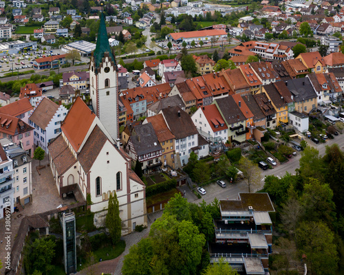 Engen, Germany - May 3 2019: Aerial view of the old town district in Engen, Germany, with the Maria Himmelfahrt Church in the foreground (Virgin Mary's Ascension)