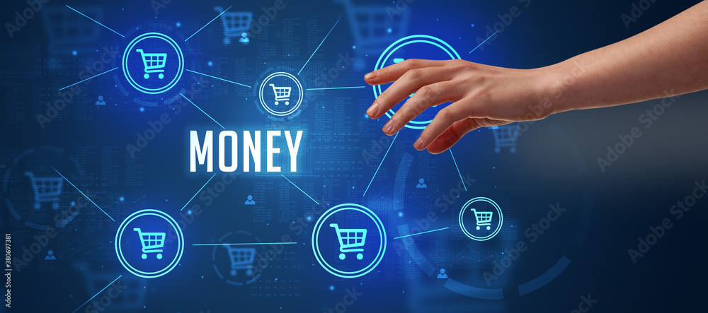 Close-Up of cropped hand pointing at MONEY inscription, online shopping concept Close-Up of cropped hand pointing at MONEY inscription, online shopping concept