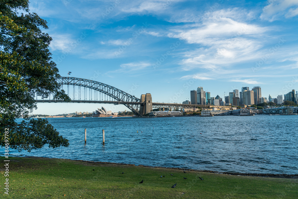 Naklejka premium Sydney harbor bridge with Sydney CBD downtown skyline, in the afternoon, New South Wales, Australia